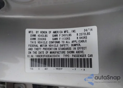 2014 Honda Accord Ex-L V-6 из США, поврежденный, VIN 1HGCR3F80EA030474